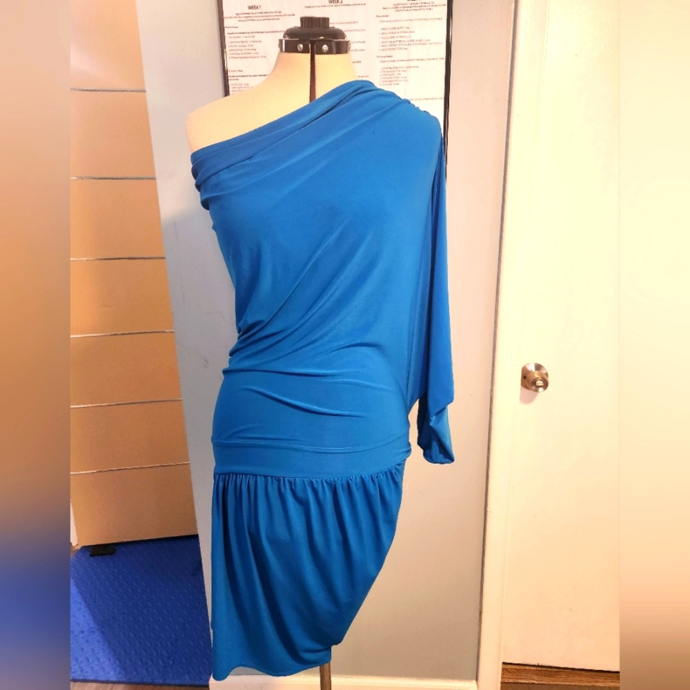 Blue One shoulder, Open sleeve mini dress